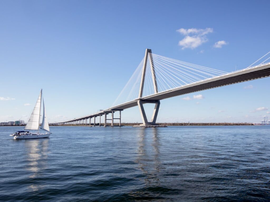 Sailboat with Ravenel Bridge in background, Charleston, South Carolina