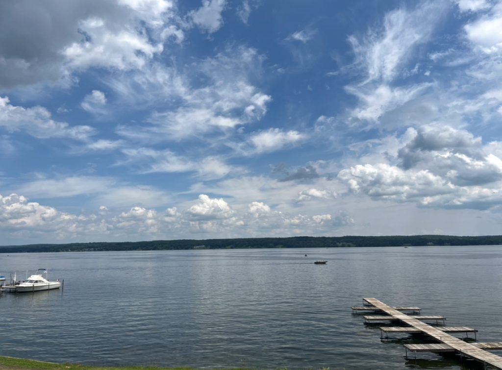 Lake with boat and docks